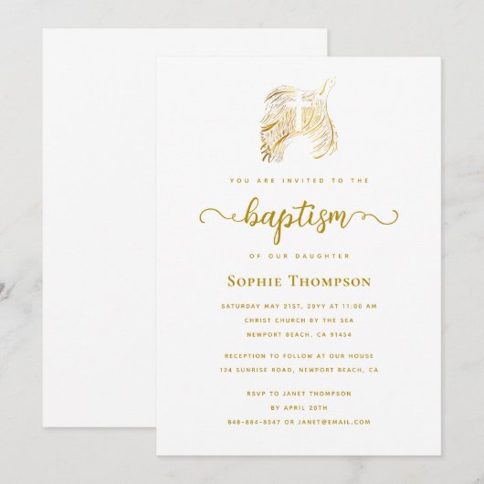 Modern Gold Dove White Cross Religieuze Baptisme Kaart (Voorkant / Achterkant)