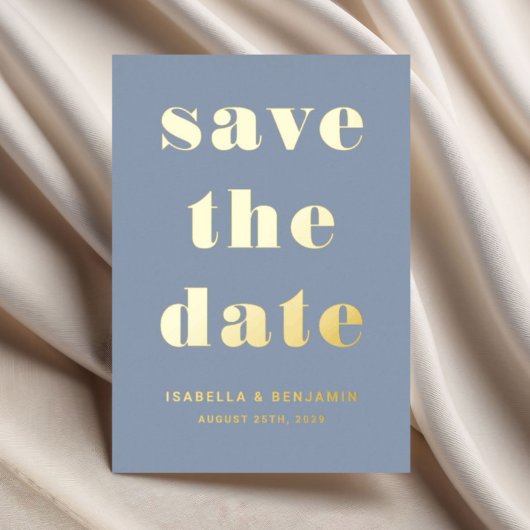 Modern Gold Dusty Blue Wedding Save the Date Folie Uitnodiging