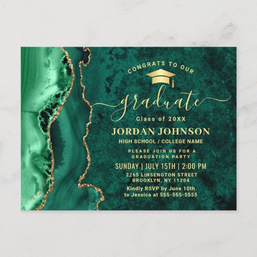 Modern Gold Emerald Graduation Party Invitation Briefkaart (Voorkant)