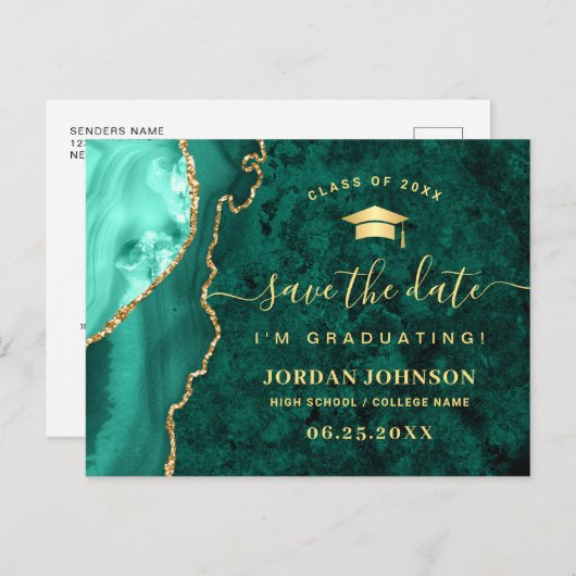 Modern Gold Emerald Green Afstuderen Save the Date Briefkaart (Voorkant / Achterkant)