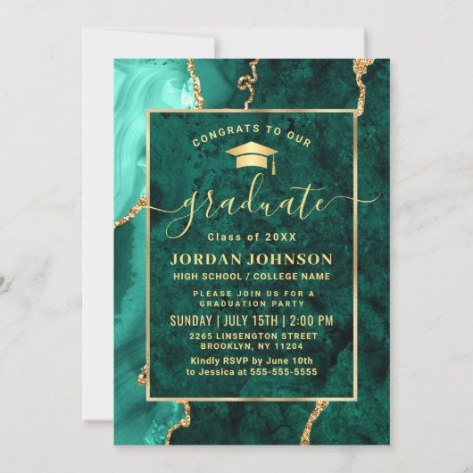 Modern Gold Emerald Green Marble Graduation Party Kaart (Voorkant)