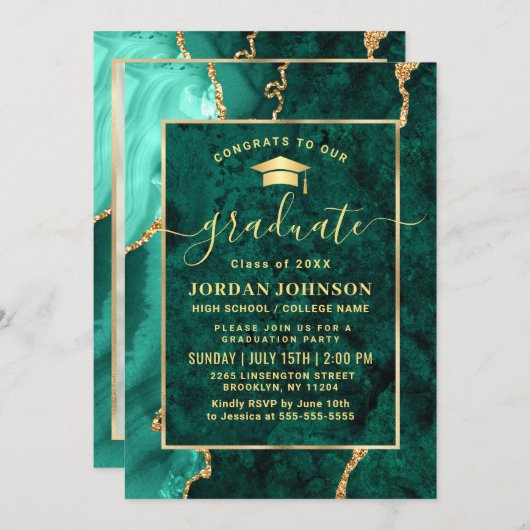 Modern Gold Emerald Green Marble Graduation Party Kaart (Voorkant / Achterkant)