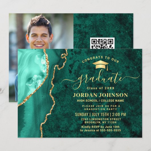 Modern Gold Emerald Green Marble Graduation Party Kaart (Voorkant / Achterkant)