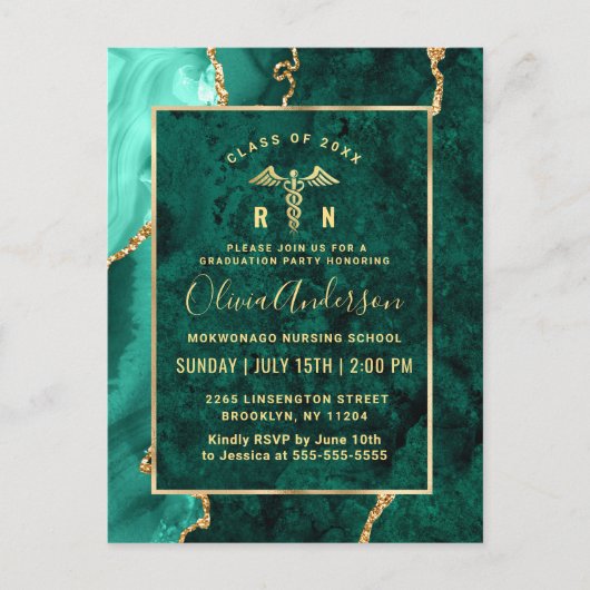 Modern Gold Emerald RN Graduation Party Invitation Briefkaart (Voorkant)