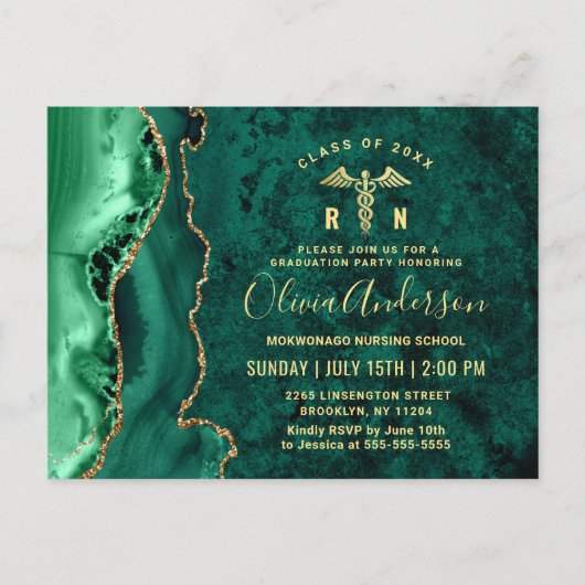 Modern Gold Emerald RN Graduation Party Invitation Briefkaart (Voorkant)
