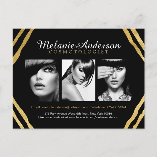 Modern Gold en Black Deco Makeup Artist Comp Card Briefkaart (Voorkant)