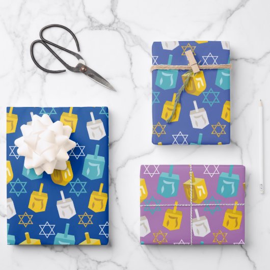 Modern Gold en Blue Hanukkah Dreidels Stars Inpakpapier Vel (Voorkant)