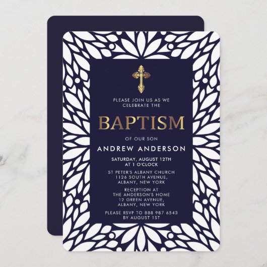 Modern Gold en Navy Blue Boy Baptisme Kaart (Voorkant / Achterkant)