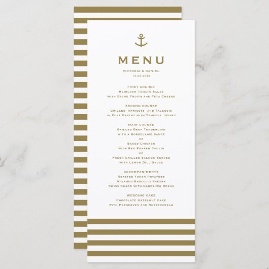 Modern Gold en White Anchor Nautical Wedding Menu (Voorkant / Achterkant)