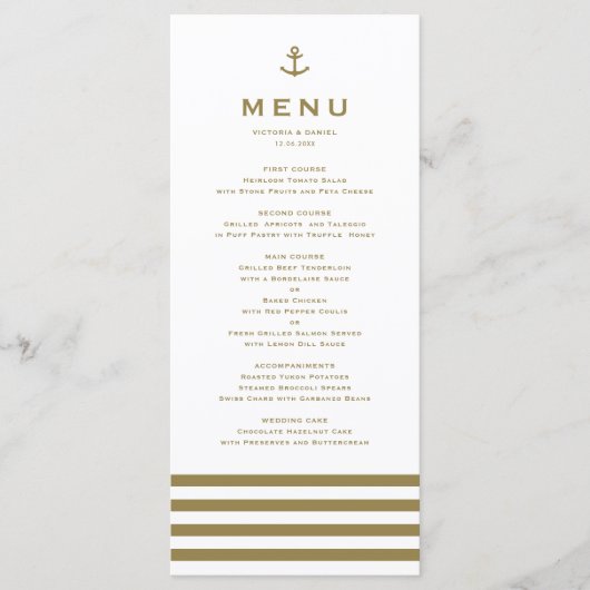 Modern Gold en White Anchor Nautical Wedding Menu (Voorkant)