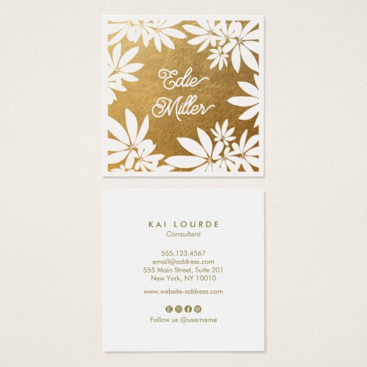 Modern Gold en White Floral Script Font Vierkante Visitekaartjes (Voorkant /achterkant)