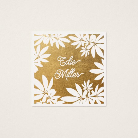 Modern Gold en White Floral Script Font Vierkante Visitekaartjes (Voorkant)
