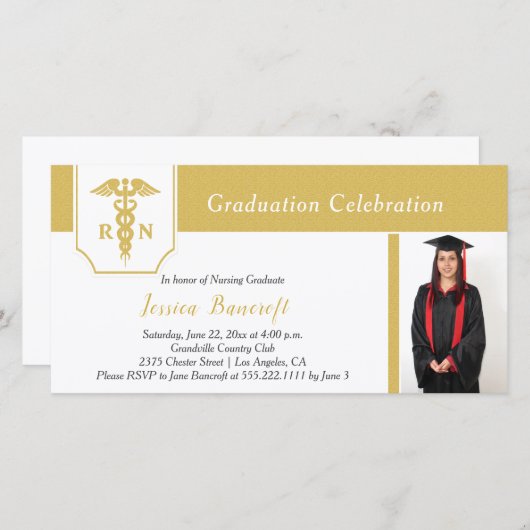 Modern Gold en White Photo Nursing Afstuderen Aankondiging (Voorkant / Achterkant)
