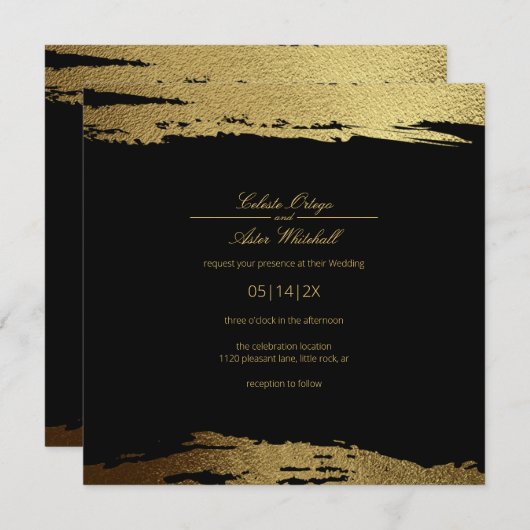 Modern Gold Faux Folie Paint Stroke Black Wedding Kaart (Voorkant / Achterkant)