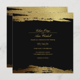 Modern Gold Faux Folie Paint Stroke Black Wedding Kaart