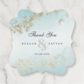 Modern Gold Fleck Blauwgroen Mist Weddenschap Hart Bedankjes Labels (Achterkant)