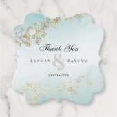 Modern Gold Fleck Blauwgroen Mist Weddenschap Hart Bedankjes Labels (Voorkant)