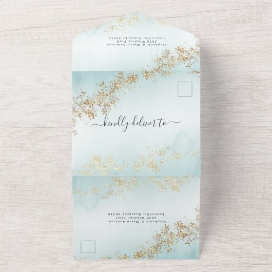 Modern Gold Flecks Blauwgroen Mist Waterverf Weddi All In One Uitnodiging (Buitenkant)