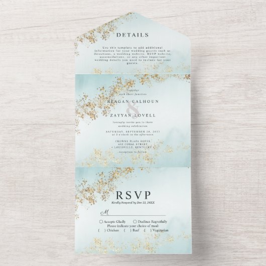 Modern Gold Flecks Blauwgroen Mist Waterverf Weddi All In One Uitnodiging (Binnen)