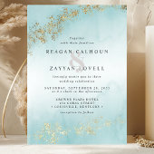 Modern Gold Flecks Blauwgroen Mist Waterverf Weddi Kaart