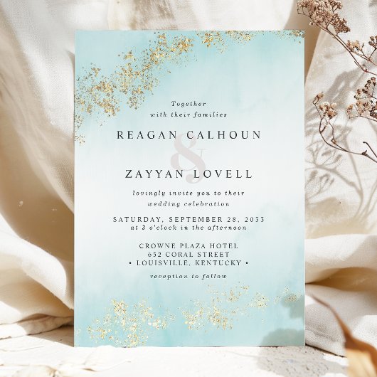 Modern Gold Flecks Blauwgroen Mist Waterverf Weddi Kaart