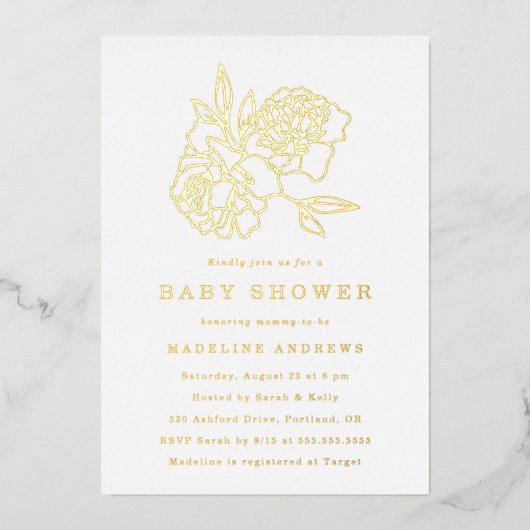 Modern Gold Floral Baby shower Folie Uitnodiging (Voorkant)