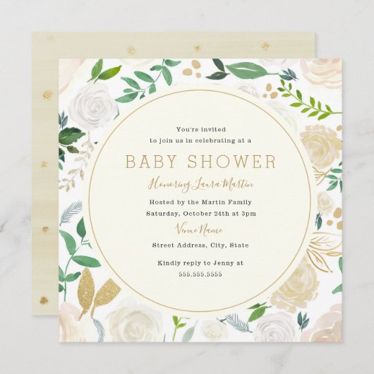 Modern Gold Floral Baby shower Invitation Kaart (Voorkant / Achterkant)