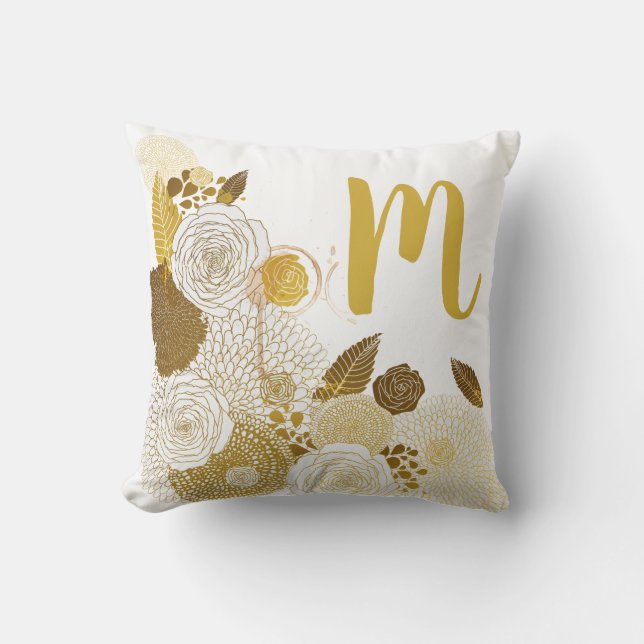Modern Gold Floral en Monogram Kussen (Voorkant)