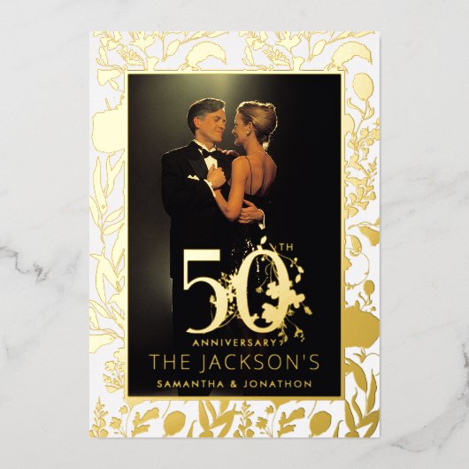 Modern Gold Floral Formal 50th Wedding Jubileum Folie Uitnodiging (Voorkant)