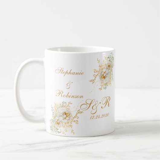 Modern Gold Floral Monogram Logo Wedding Koffiemok (Links)
