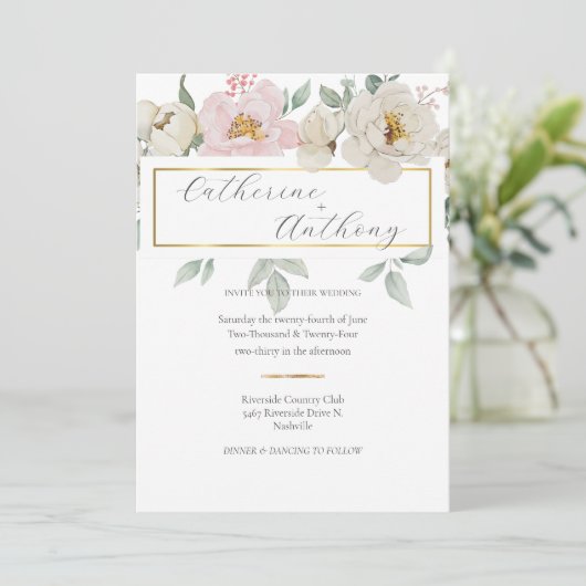 Modern Gold Floral Wedding Kaart (Staand voorkant)