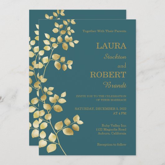 Modern Gold Floral Wedding Kaart (Voorkant / Achterkant)