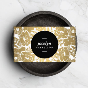 Modern Gold Flowers Black Circle Visitekaartje
