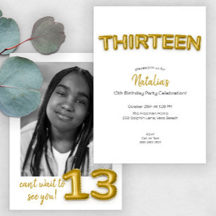 Modern Gold Foil ballon 13th Birthday Party Photo Kaart