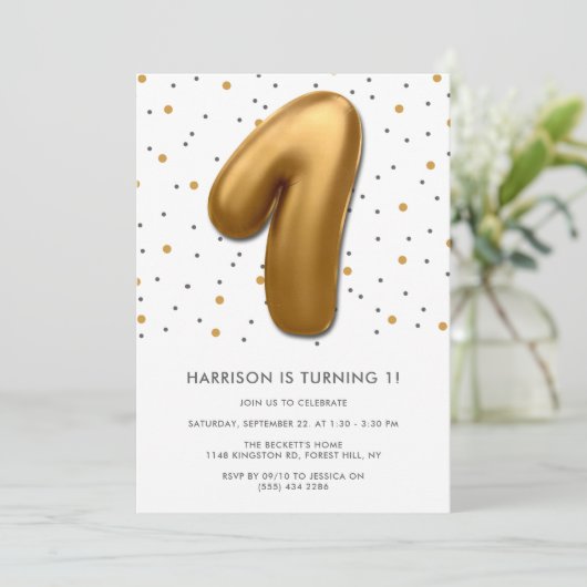 Modern Gold Foil ballon, 1e verjaardag Kaart (Staand voorkant)