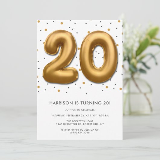 Modern Gold Foil ballon 20th Birthday Kaart (Staand voorkant)