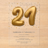 Modern Gold Foil ballon 21st Birthday Acryl Uitnodigingen (Voorkant)