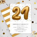 Modern Gold Foil ballon 21st Birthday Kaart<br><div class="desc">Viel in stijl met deze trendy uitnodigingen van het verjaardagsfeest. Het ontwerp is gemakkelijk te personaliseren met je eigen formulering en je familie en vrienden zullen enthousiast zijn als ze deze geweldige partijuitnodiging ontvangen.</div>