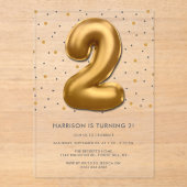 Modern Gold Foil ballon, 2e verjaardag Acryl Uitnodigingen (Voorkant)