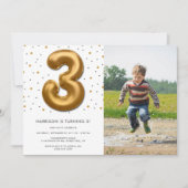 Modern Gold Foil ballon 3rd Birthday Foto Kaart (Voorkant)