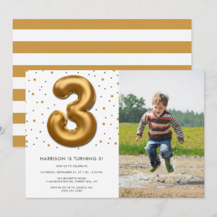 Modern Gold Foil ballon 3rd Birthday Foto Kaart