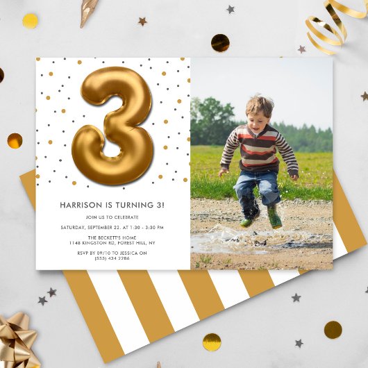 Modern Gold Foil ballon 3rd Birthday Foto Kaart