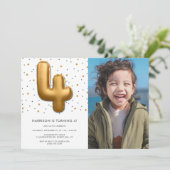 Modern Gold Foil ballon 4e verjaardag Foto Kaart (Staand voorkant)