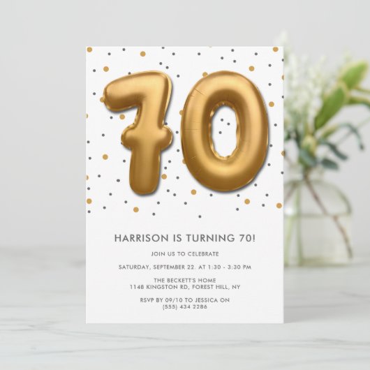 Modern Gold Foil ballon 70th Birthday Kaart (Staand voorkant)