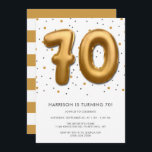 Modern Gold Foil ballon 70th Birthday Kaart<br><div class="desc">Viel in stijl met deze trendy uitnodigingen van het verjaardagsfeest. Het ontwerp is gemakkelijk te personaliseren met je eigen formulering en je familie en vrienden zullen enthousiast zijn als ze deze geweldige partijuitnodiging ontvangen.</div>