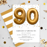 Modern Gold Foil ballon 90th Birthday Kaart<br><div class="desc">Viel in stijl met deze trendy uitnodigingen van het verjaardagsfeest. Het ontwerp is gemakkelijk te personaliseren met je eigen formulering en je familie en vrienden zullen enthousiast zijn als ze deze geweldige partijuitnodiging ontvangen.</div>