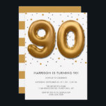 Modern Gold Foil ballon 90th Birthday Kaart<br><div class="desc">Viel in stijl met deze trendy uitnodigingen van het verjaardagsfeest. Het ontwerp is gemakkelijk te personaliseren met je eigen formulering en je familie en vrienden zullen enthousiast zijn als ze deze geweldige partijuitnodiging ontvangen.</div>