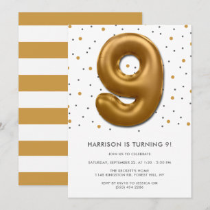 Modern Gold Foil ballon, 9e verjaardag Kaart