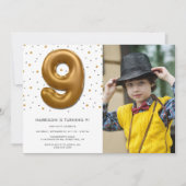 Modern Gold Foil ballon 9th Birthday Foto Kaart (Voorkant)