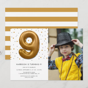 Modern Gold Foil ballon 9th Birthday Foto Kaart